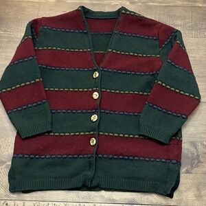 Vintage 60s Green Red Wool‎ Handmade Cardigan Sweater Hand Knit Size S/M